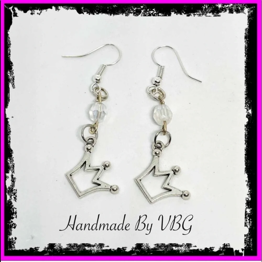 New Handmade Sterling Silver Queen Crown Crystal Dangle Earrings